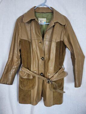 Vtg Pioneer Wear Jacket Belted Coat Leather Suede 70's Western Womens Avacado